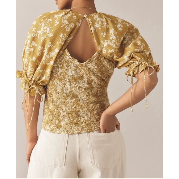 Anthropologie Seersucker Smocked Puff-Sleeve Crop Top Size L Chartreuse Floral - Picture 2 of 8